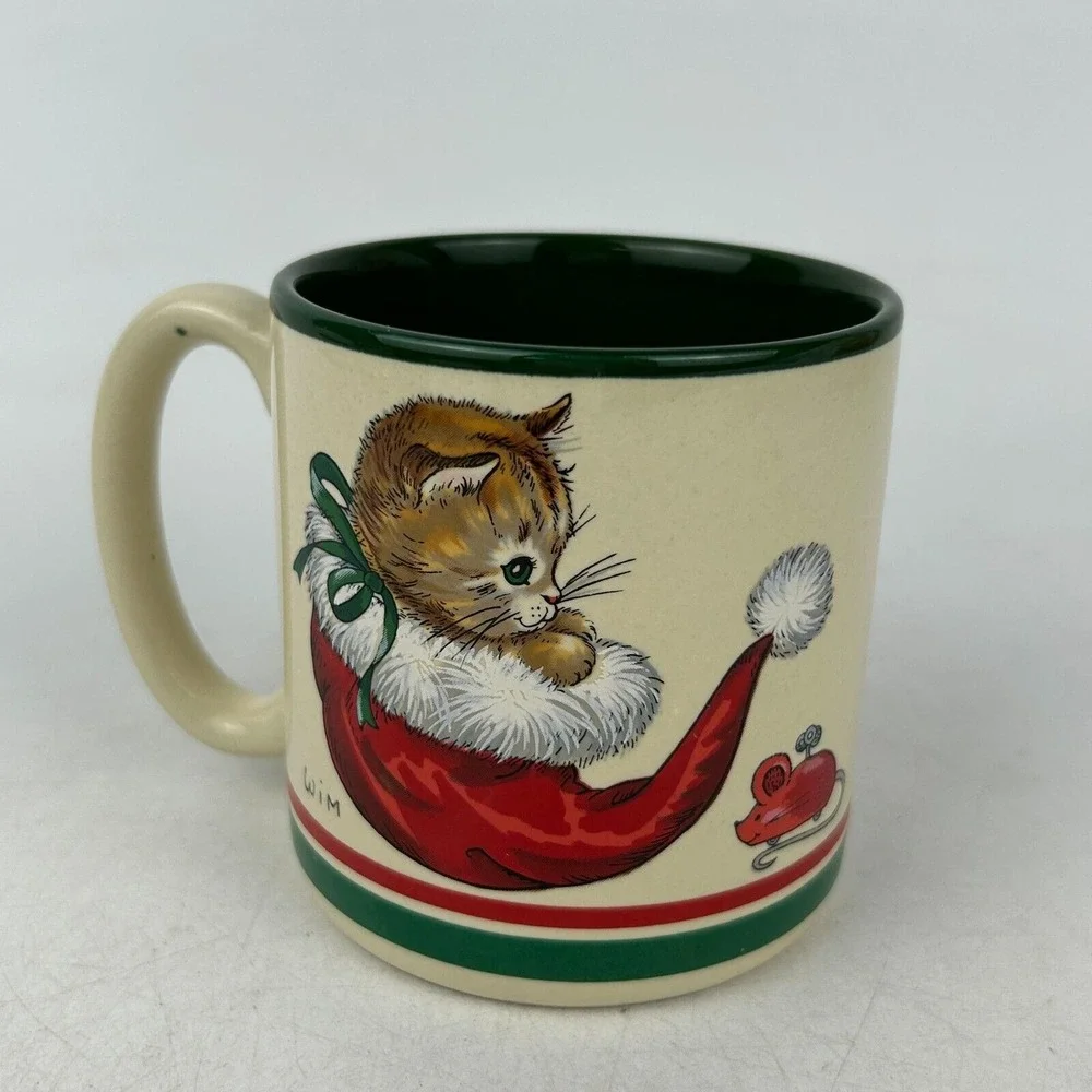 Vintage Potpourri Press 1989 Tabby‎ Kitten Santa Hat Christmas Coffee Tea Mug
